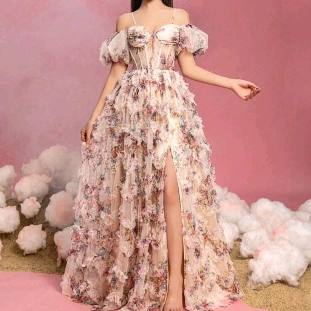 Teen Girls Off-Shoulder Puff Sleeve Floral Mesh Overlay Dress - Picture 3 of 7